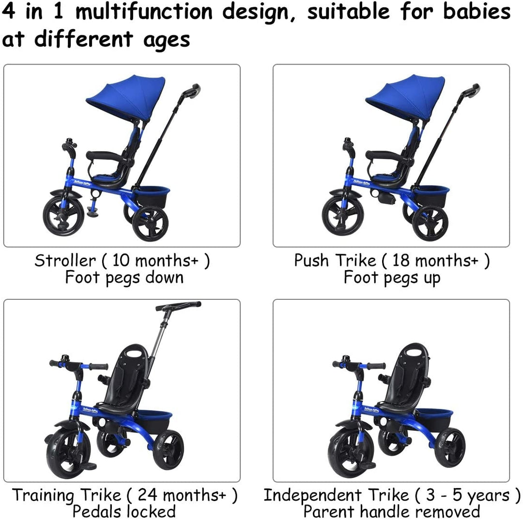 4-in-1 Kids Tricycle with Adjustable Push Handle-Blue