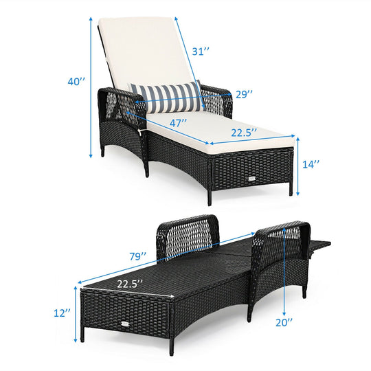 Patio Wicker Chaise Lounge Chair with Pillow and Adjustable Backrest with Cushion-Black