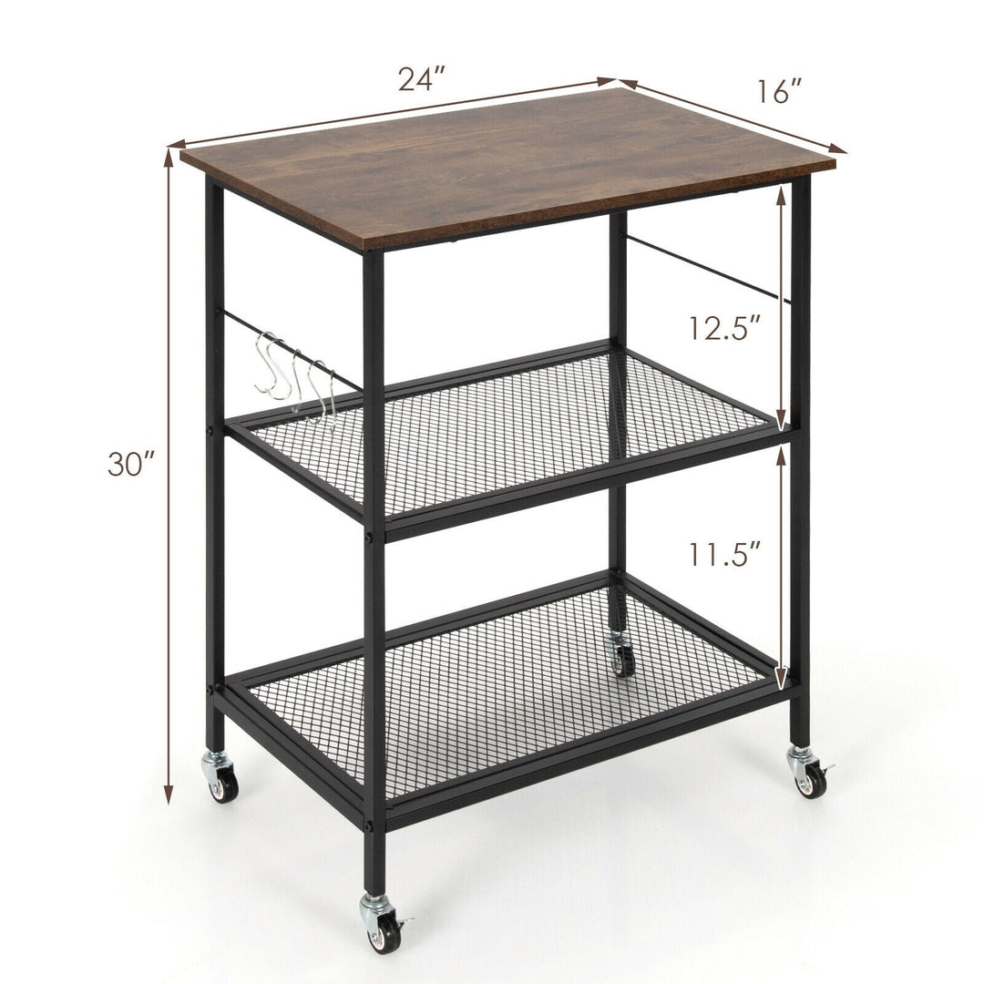 3-Tier Kitchen Serving Cart Utility Standing Microwave Rack with Hooks
