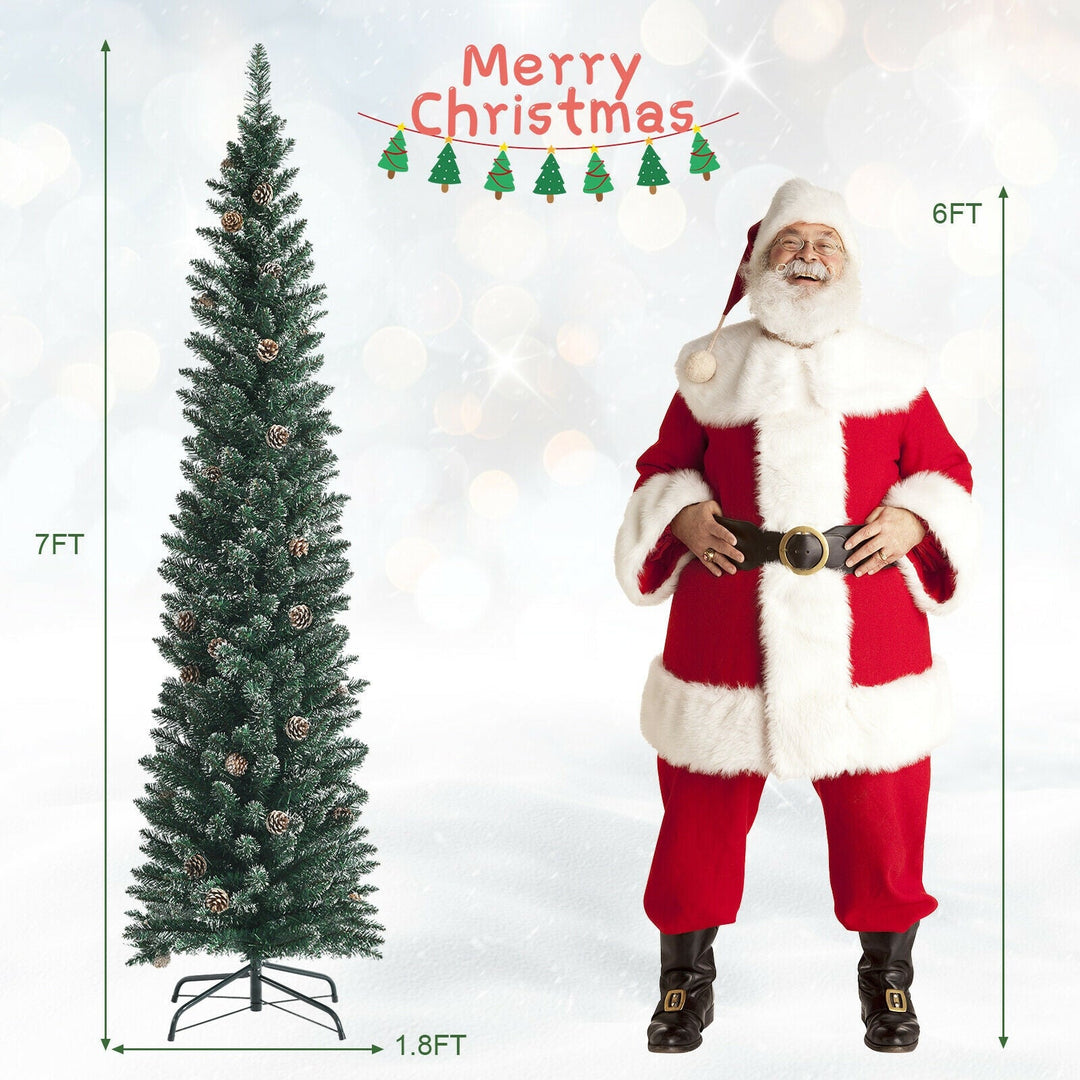 Snowy Artificial Pencil Christmas Tree with Pine Cones