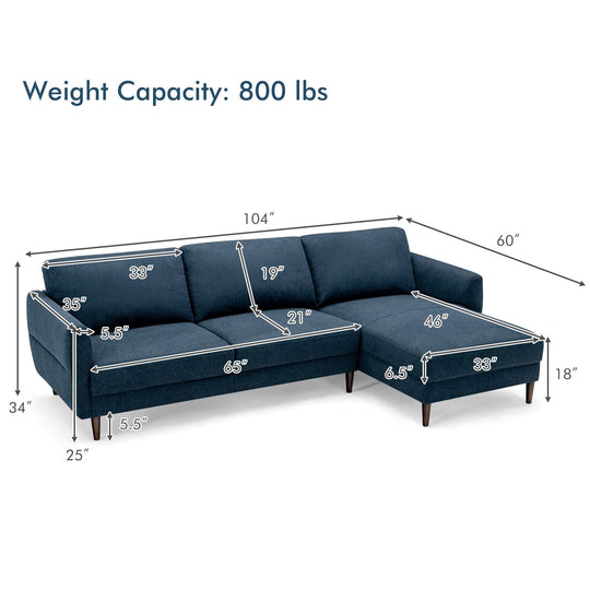 L-Shaped Fabric Sectional Sofa with Chaise Lounge and Solid Wood Legs