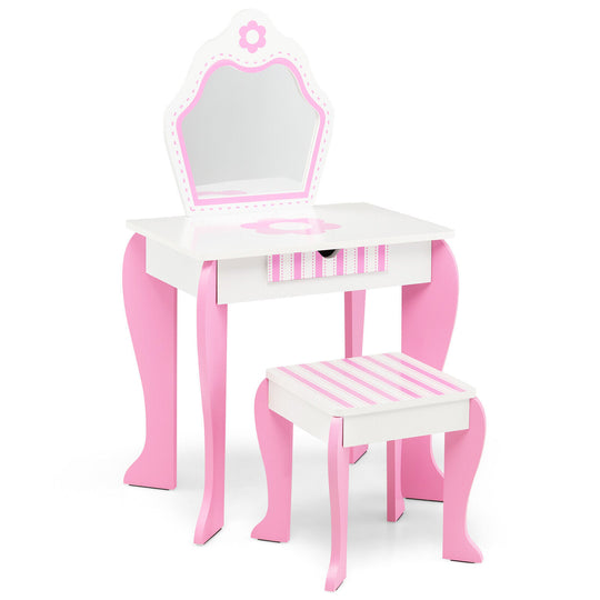 2-in-1 Toddler Vanity Set with Detachable Top & Cute Flower Patterns-White