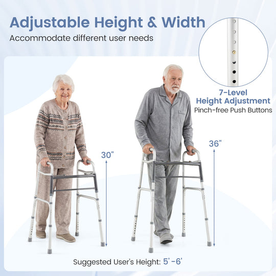 2-Button Folding Walker Lightweight with 7-Level Adjustable Height