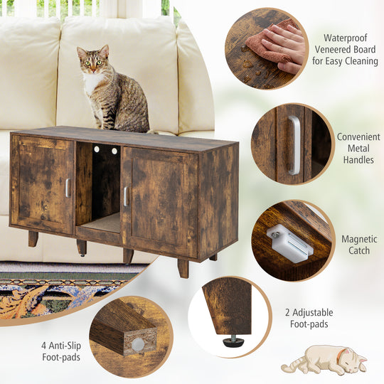 2-Door Cat Litter Box Enclosure with Winding Entry and Scratching Board-Rustic Brown