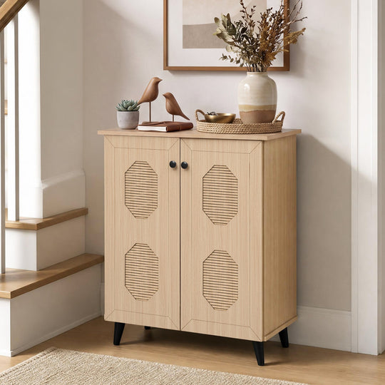 2-Door Shoe Storage Cabinet with Geometric Carved Panels