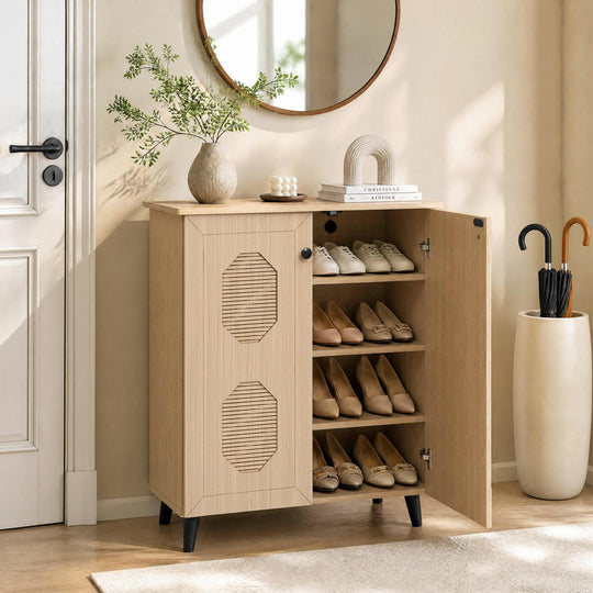 2-Door Shoe Storage Cabinet with Geometric Carved Panels