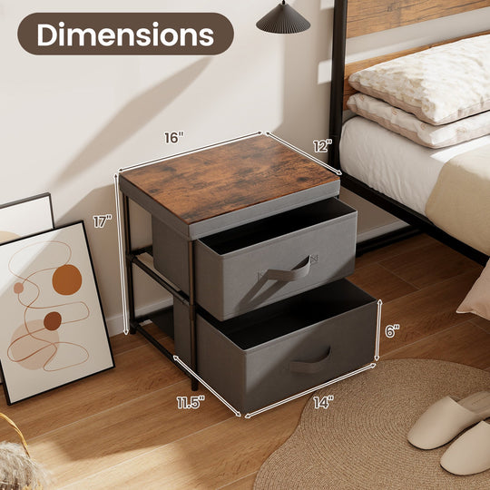 2-Drawer Nightstand with Removable Fabric Bins and Pull Handles