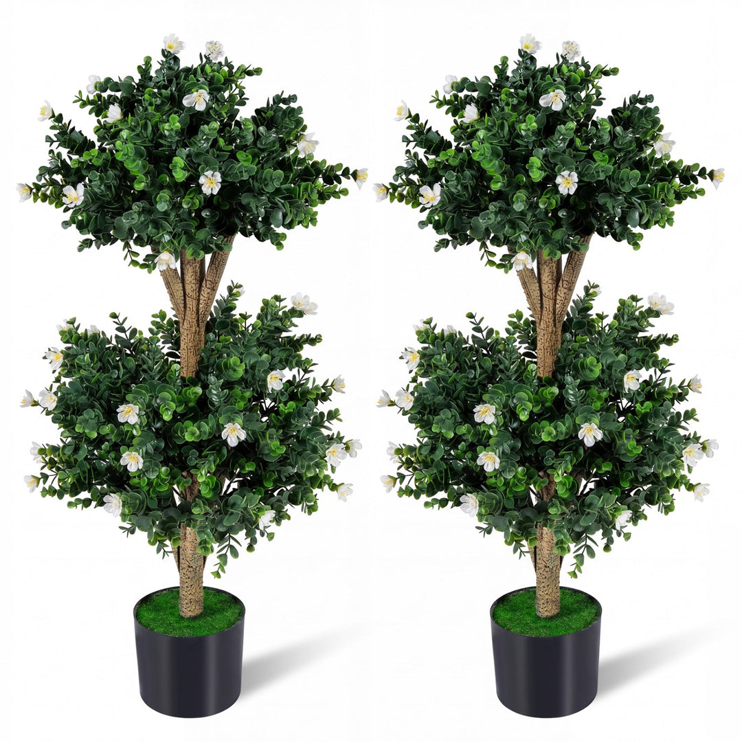 2 Pack 36" Artificial Double Ball Boxwood Topiary Tree with 41 Blossoms