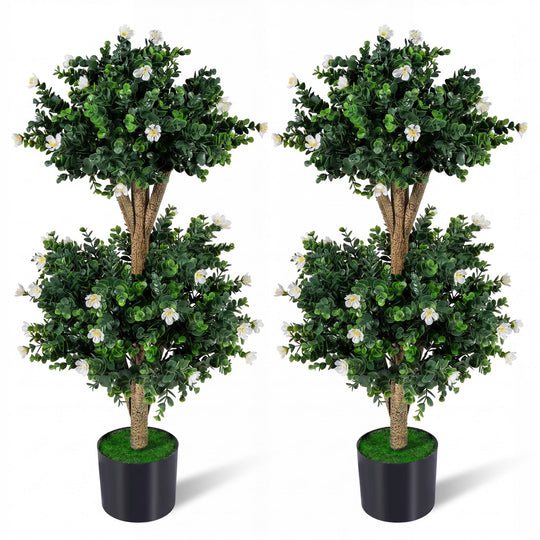 2 Pack 36" Artificial Double Ball Boxwood Topiary Tree with 41 Blossoms
