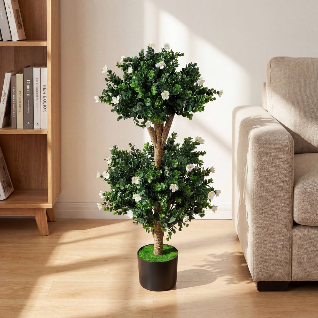 2 Pack 36" Artificial Double Ball Boxwood Topiary Tree with 41 Blossoms