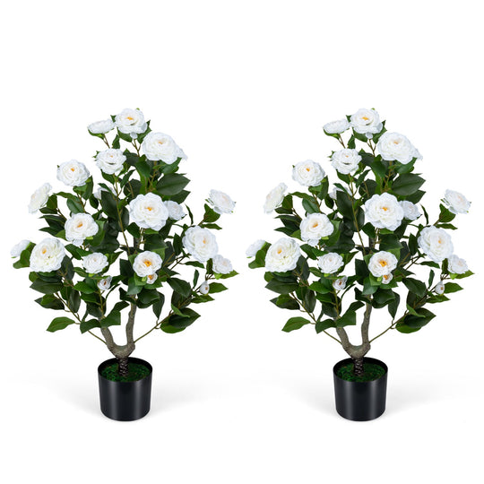 2-Pack Artificial Camellia Tree Faux Flower Plant in Cement-Filled Pot