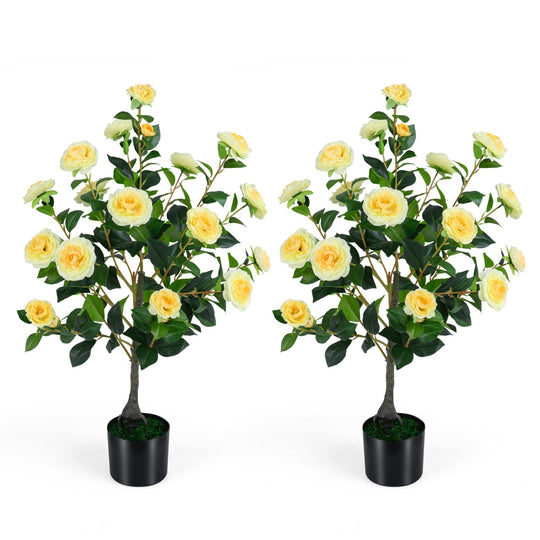 2-Pack Artificial Camellia Tree Faux Flower Plant in Cement-Filled Pot