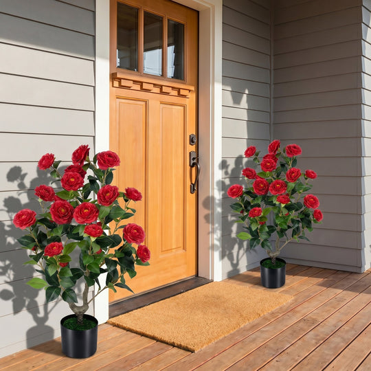 Artificial Camellia Tree in Cement Pot - 35.5" (2-Pack)