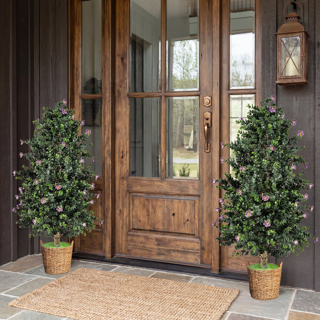 2 Pack Artificial Topiary Cone Tree Faux Potted Shrub Plant with 49 Flowers