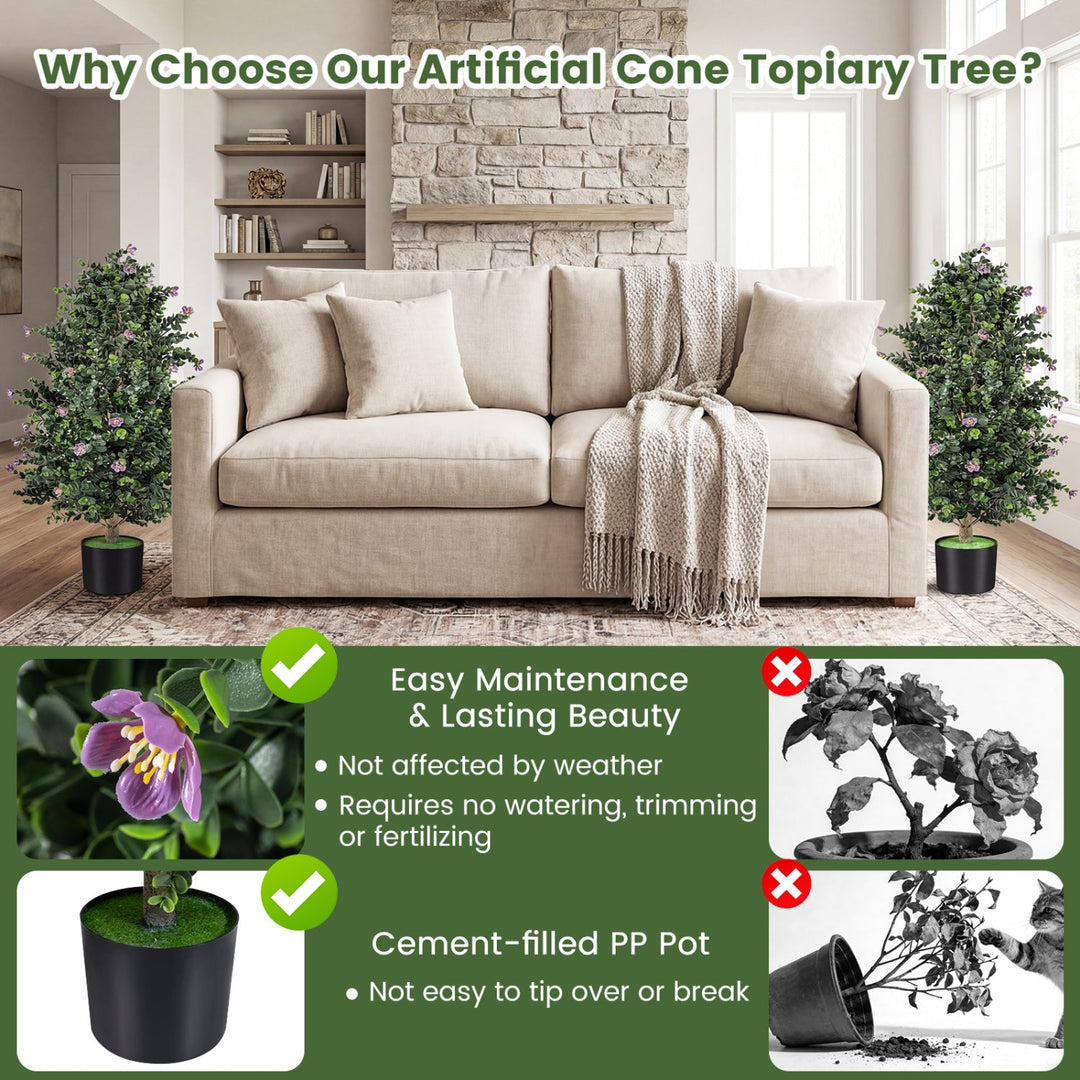 2 Pack Artificial Topiary Cone Tree Faux Potted Shrub Plant with 49 Flowers