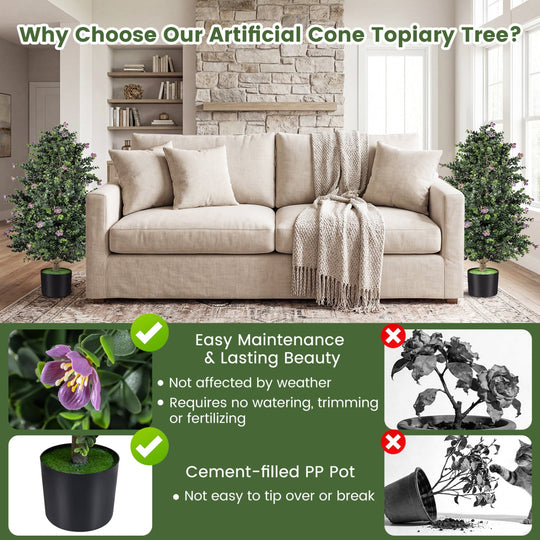 2 Pack Artificial Topiary Cone Tree Faux Potted Shrub Plant with 49 Flowers