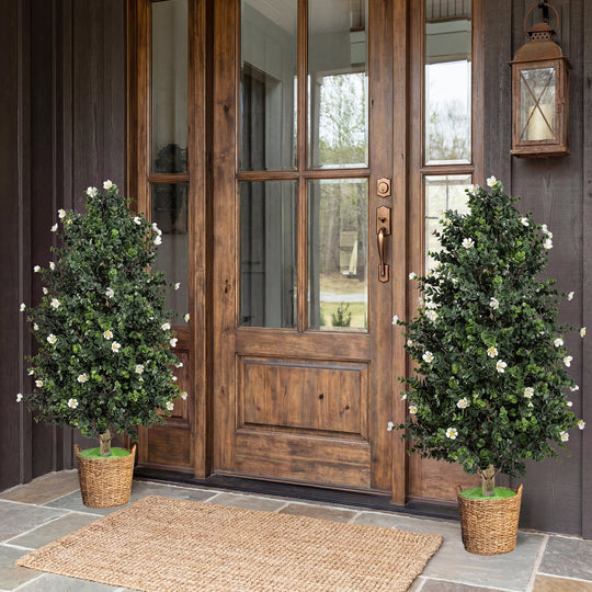 2 Pack Artificial Topiary Cone Tree Faux Potted Shrub Plant with 49 Flowers