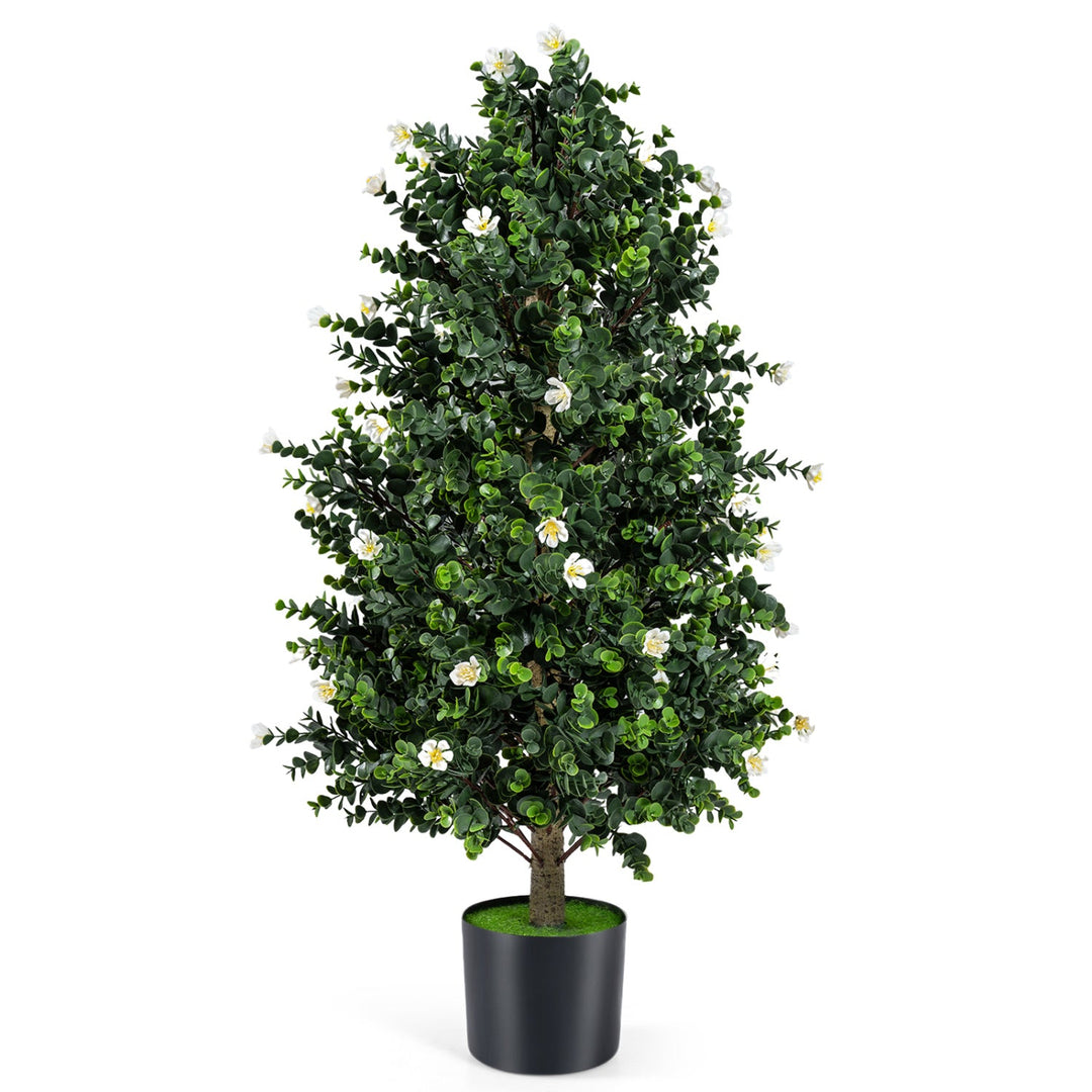 2 Pack Artificial Topiary Cone Tree Faux Potted Shrub Plant with 49 Flowers