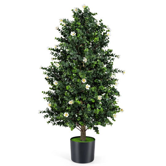 2 Pack Artificial Topiary Cone Tree Faux Potted Shrub Plant with 49 Flowers