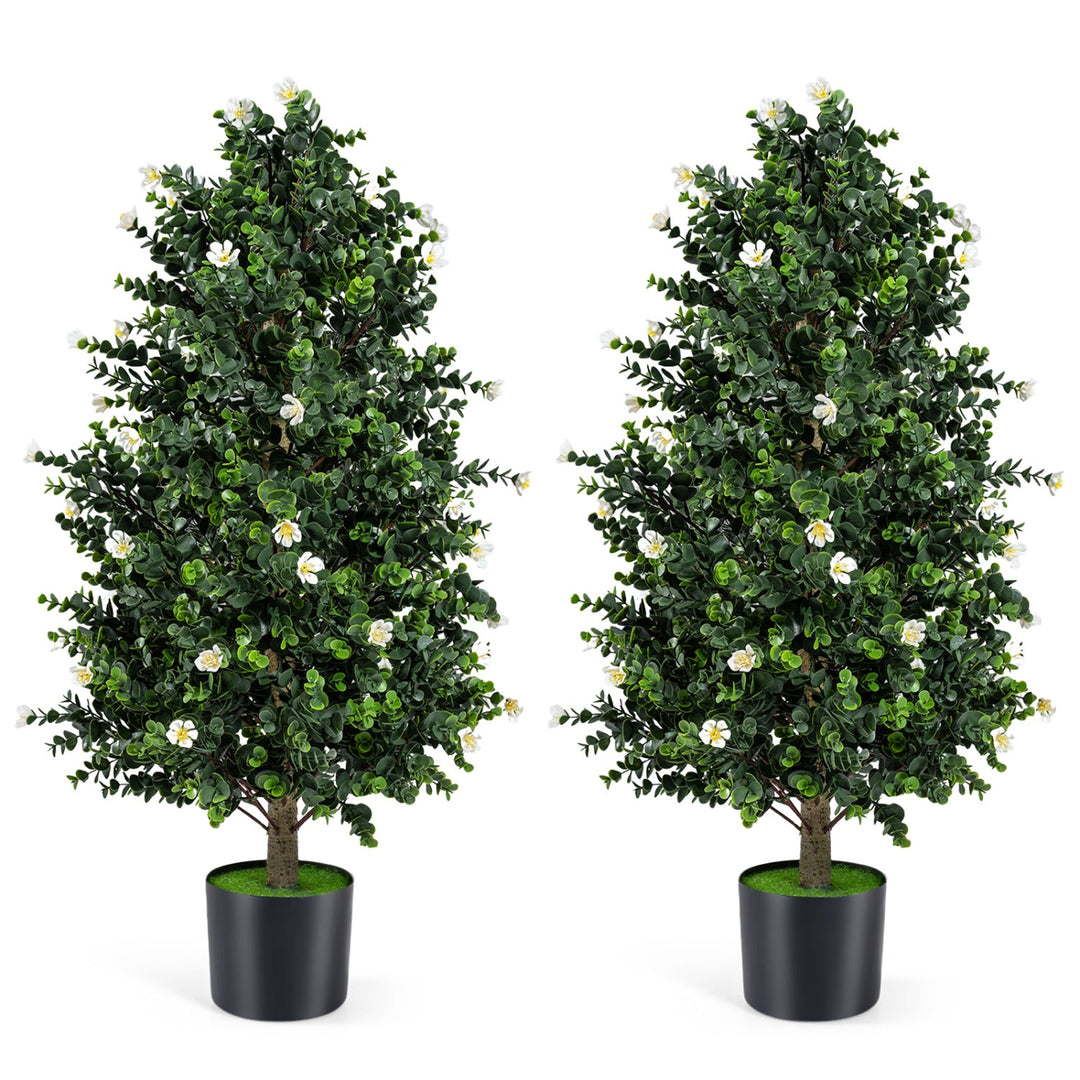 2 Pack Artificial Topiary Cone Tree Faux Potted Shrub Plant with 49 Flowers