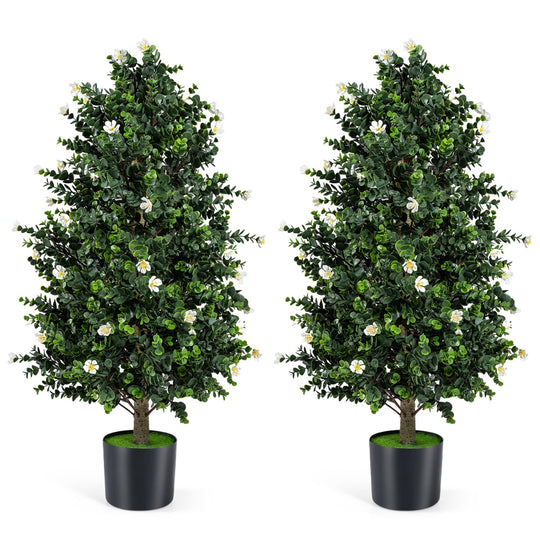 2 Pack Artificial Topiary Cone Tree Faux Potted Shrub Plant with 49 Flowers