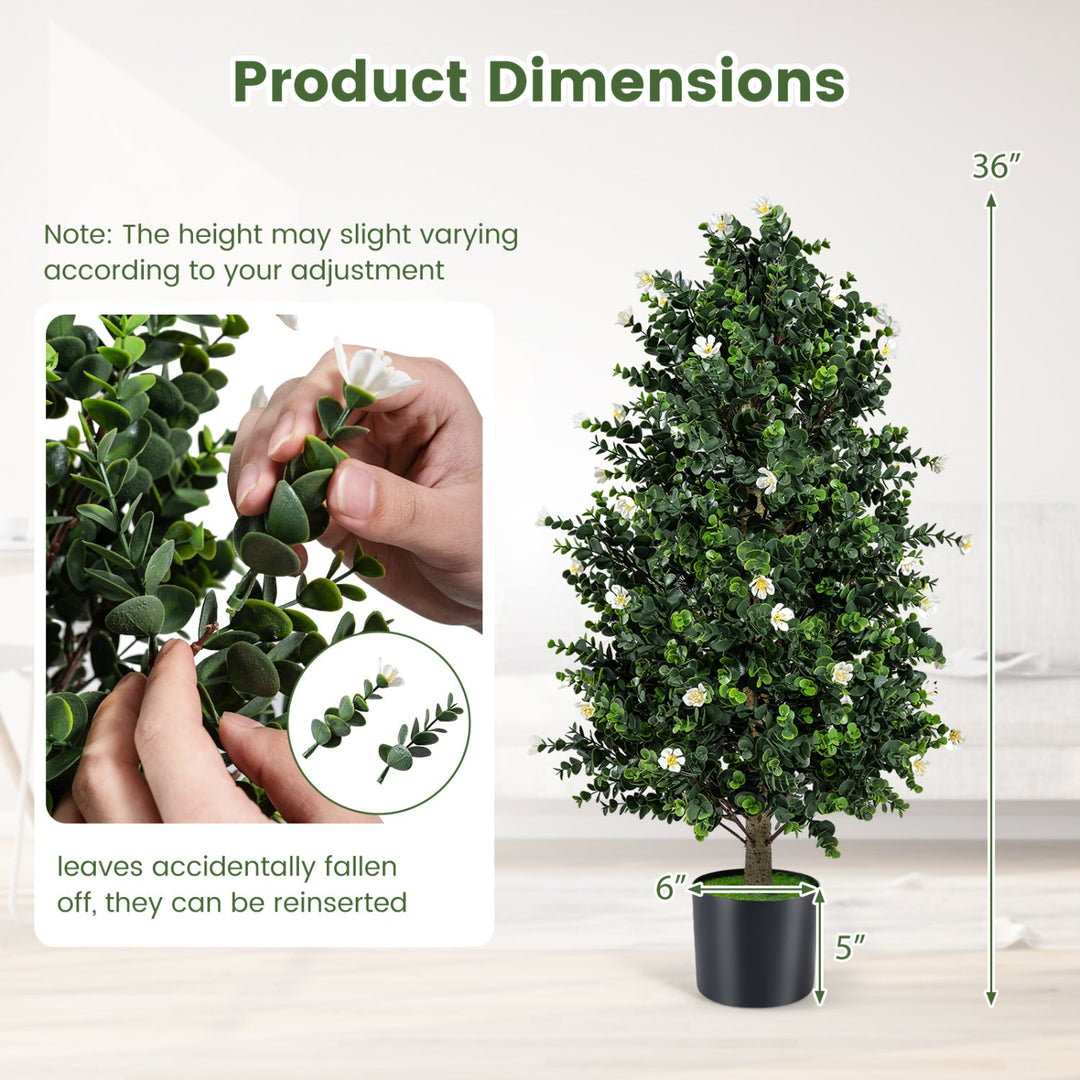 2 Pack Artificial Topiary Cone Tree Faux Potted Shrub Plant with 49 Flowers