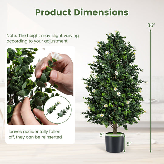 2 Pack Artificial Topiary Cone Tree Faux Potted Shrub Plant with 49 Flowers