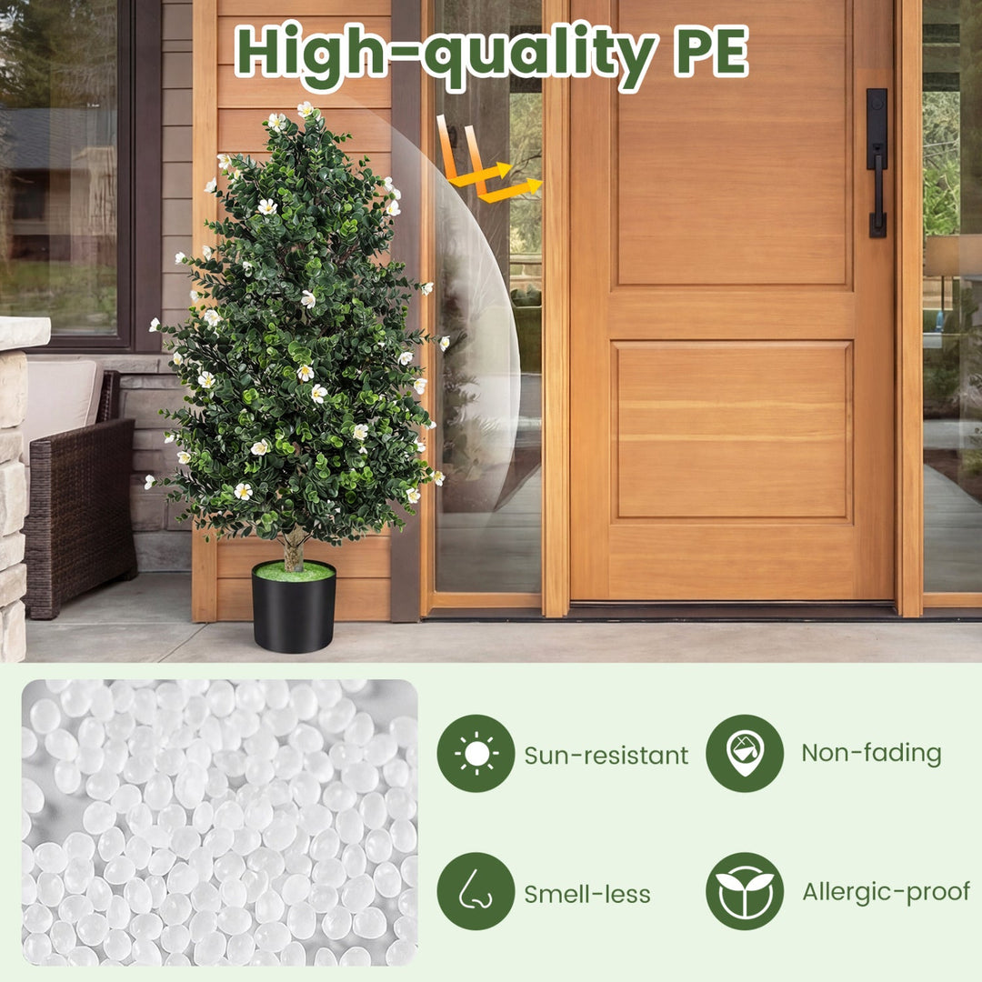 2 Pack Artificial Topiary Cone Tree Faux Potted Shrub Plant with 49 Flowers
