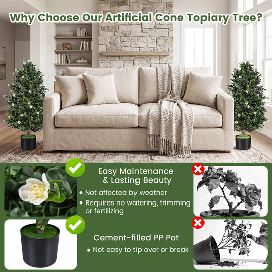 2 Pack Artificial Topiary Cone Tree Faux Potted Shrub Plant with 49 Flowers