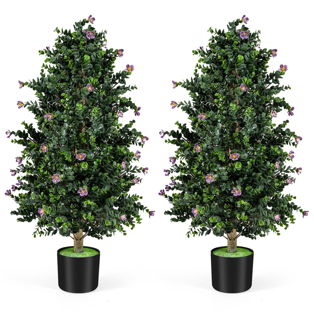 2 Pack Artificial Topiary Cone Tree Faux Potted Shrub Plant with 49 Flowers
