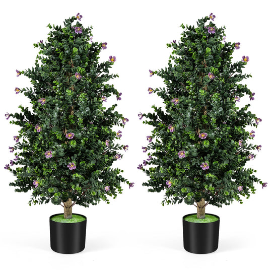 2 Pack Artificial Topiary Cone Tree Faux Potted Shrub Plant with 49 Flowers