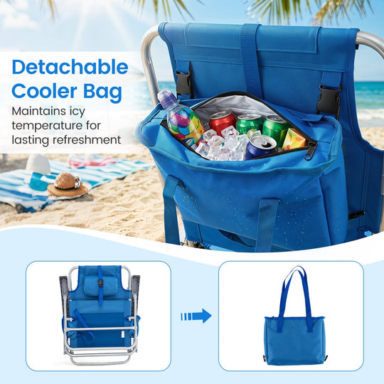 Folding Beach Chair with 7-Position Backrest & Cooler Bag