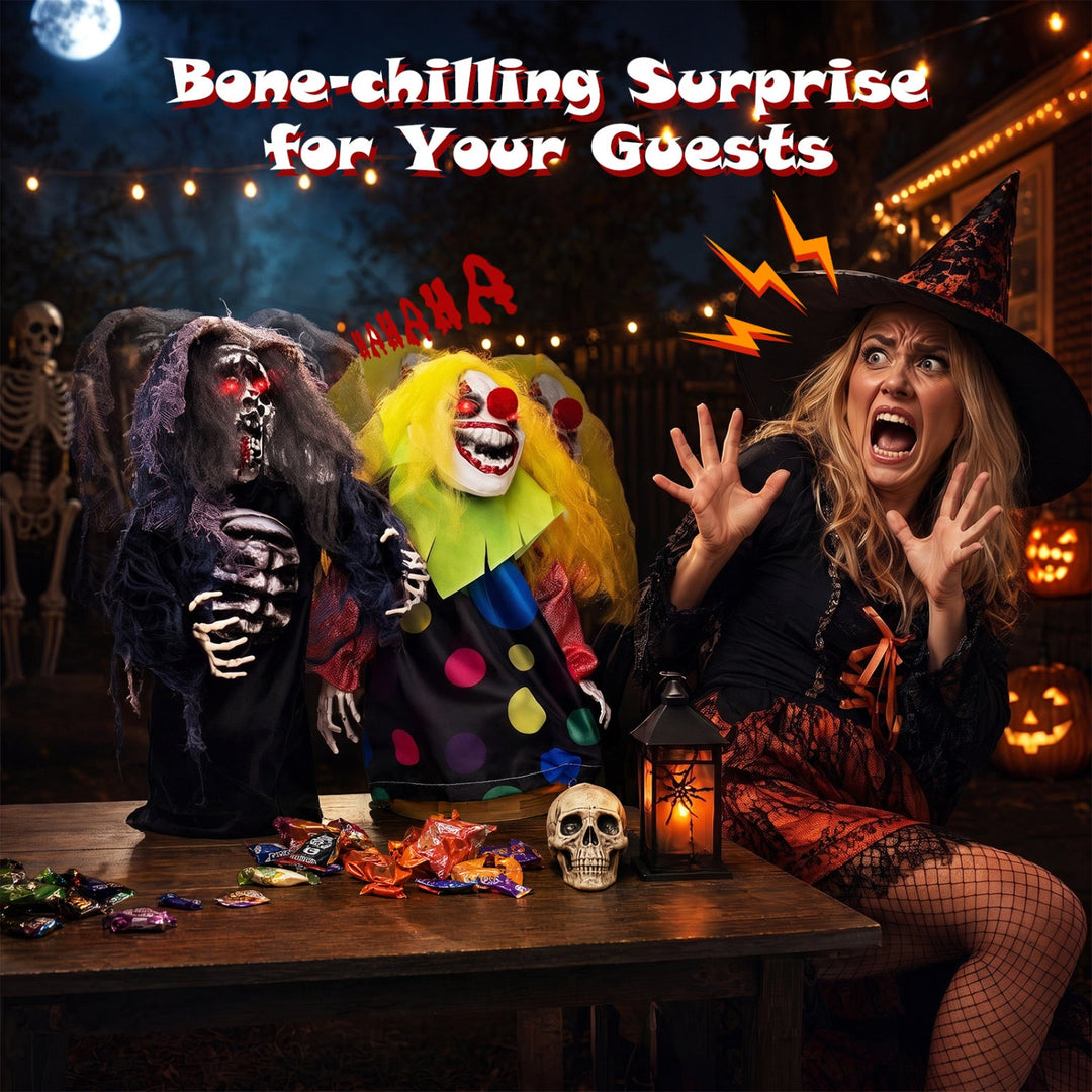 Halloween Animatronic Clown & Reaper Tabletop Decorations Set