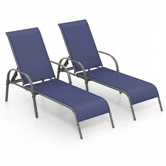 2 Pcs Outdoor Patio Lounge Chair Chaise Fabric with Adjustable Reclining Armrest-Brown