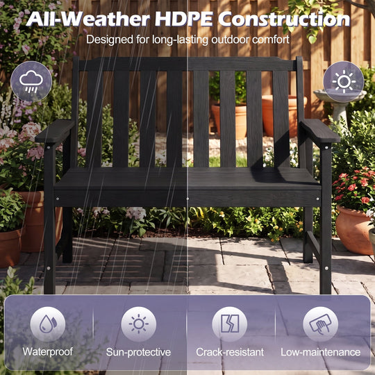 2-Person HDPE Outdoor Garden Bench with Backrest