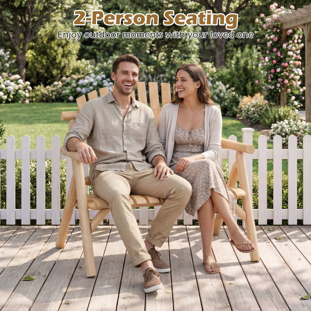 2-Person Log Wood Patio Bench with Slatted Backrest