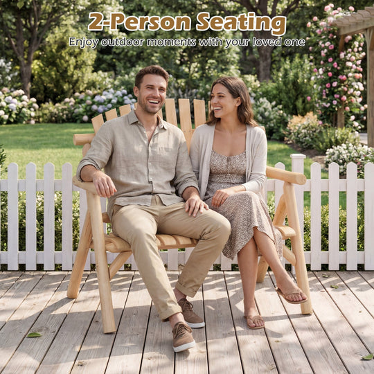 2-Person Log Wood Patio Bench with Slatted Backrest