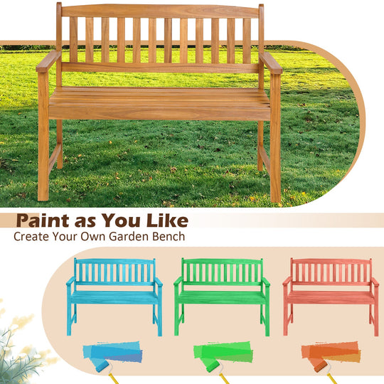 2-Person Patio Acacia Wood Bench with Backrest and Armrests