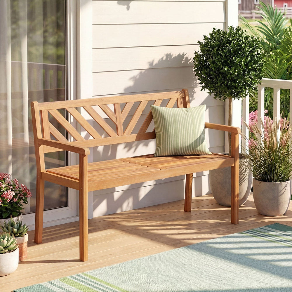 2-Person Patio Acacia Wood Garden Chair with Armrests and Backrest for Porch