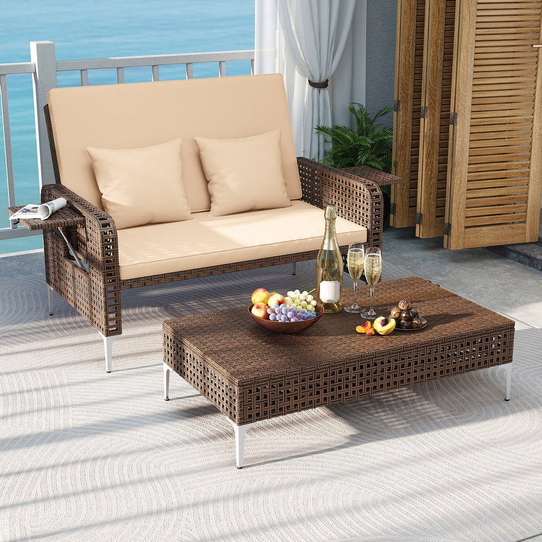 2 Piece Patio Rattan Daybed Wicker Loveseat and Ottoman with Adjustable Backrest