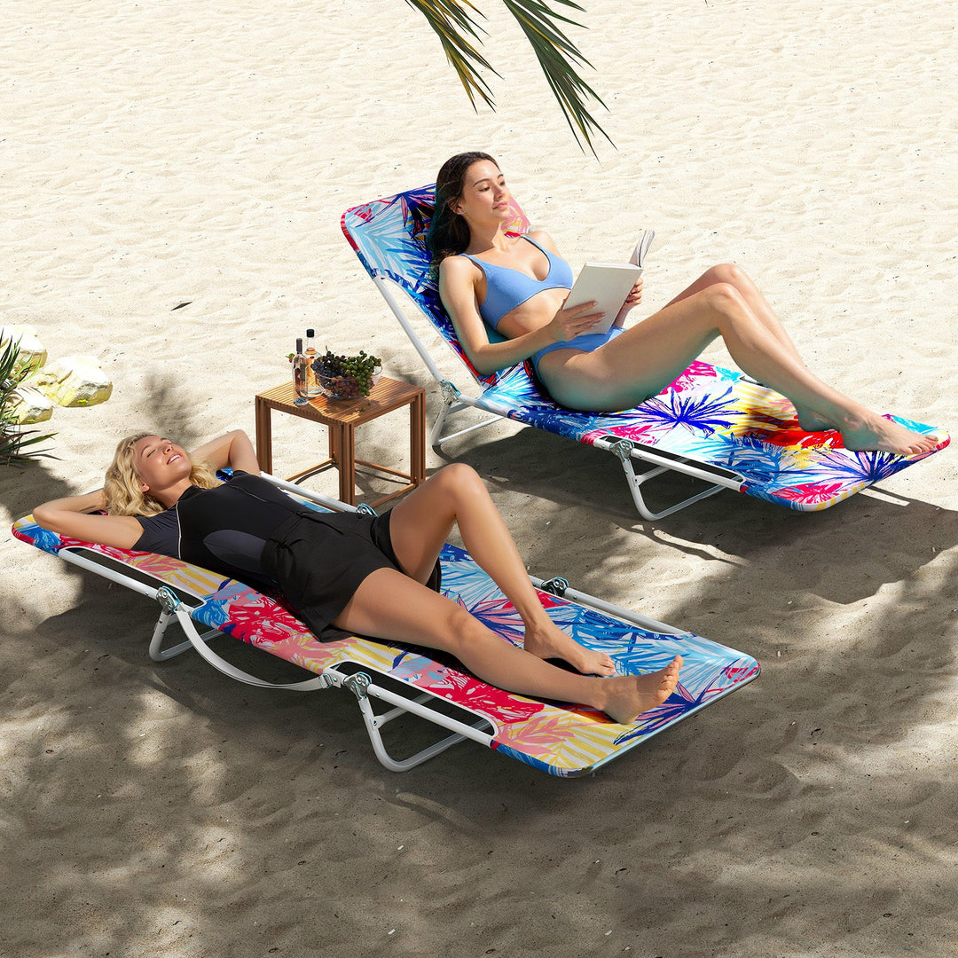 2 Pieces 5-position Lay Flat Beach Recliner with Carry Strap and Metal Frame
