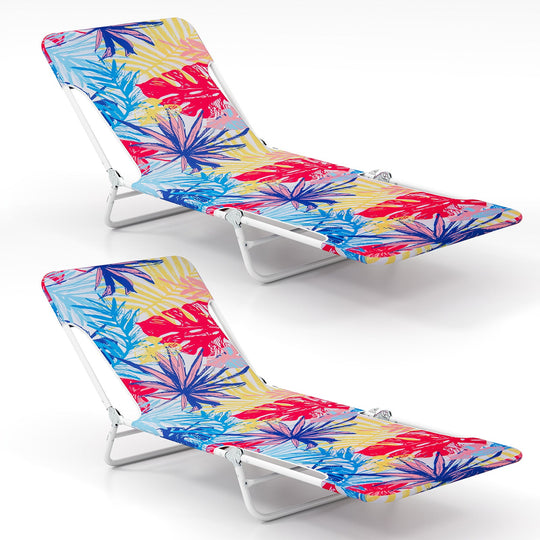 2 Pieces 5-position Lay Flat Beach Recliner with Carry Strap and Metal Frame