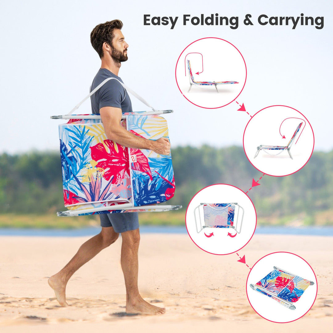 2 Pieces 5-position Lay Flat Beach Recliner with Carry Strap and Metal Frame
