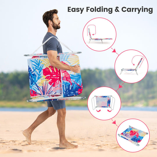 2 Pieces 5-position Lay Flat Beach Recliner with Carry Strap and Metal Frame