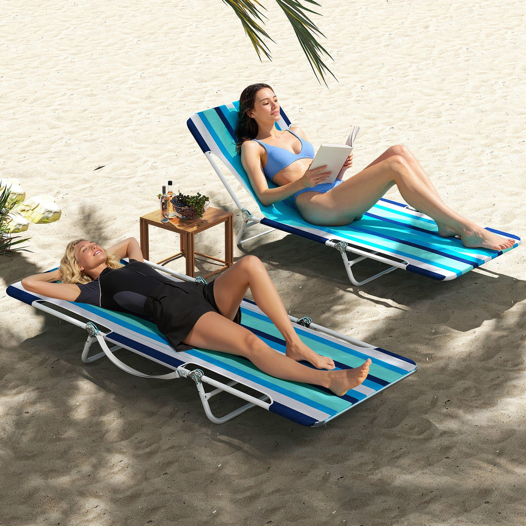 2 Pieces 5-position Lay Flat Beach Recliner with Carry Strap and Metal Frame