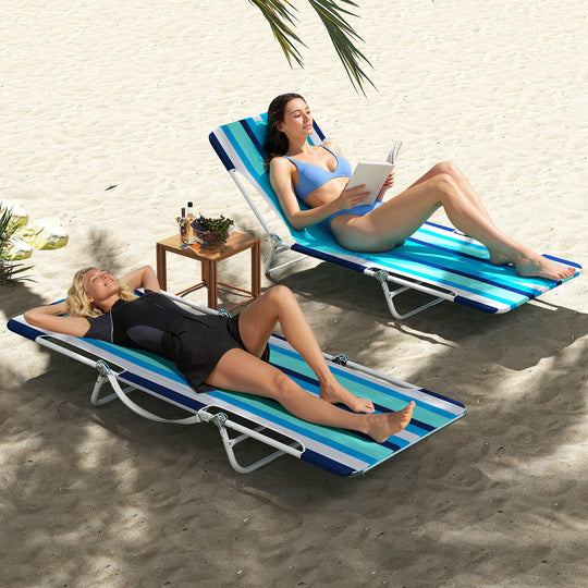 2 Pieces 5-position Lay Flat Beach Recliner with Carry Strap and Metal Frame