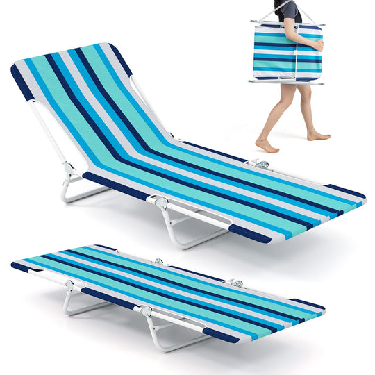 2 Pieces 5-position Lay Flat Beach Recliner with Carry Strap and Metal Frame