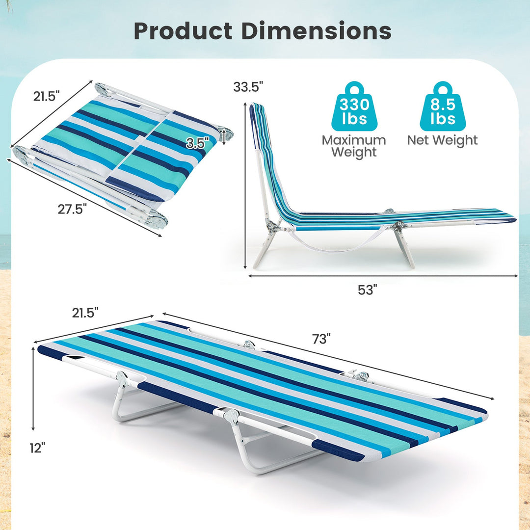 2 Pieces 5-position Lay Flat Beach Recliner with Carry Strap and Metal Frame