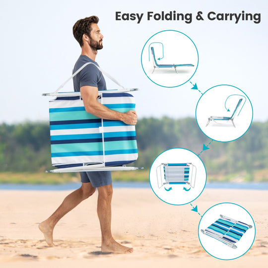 2 Pieces 5-position Lay Flat Beach Recliner with Carry Strap and Metal Frame