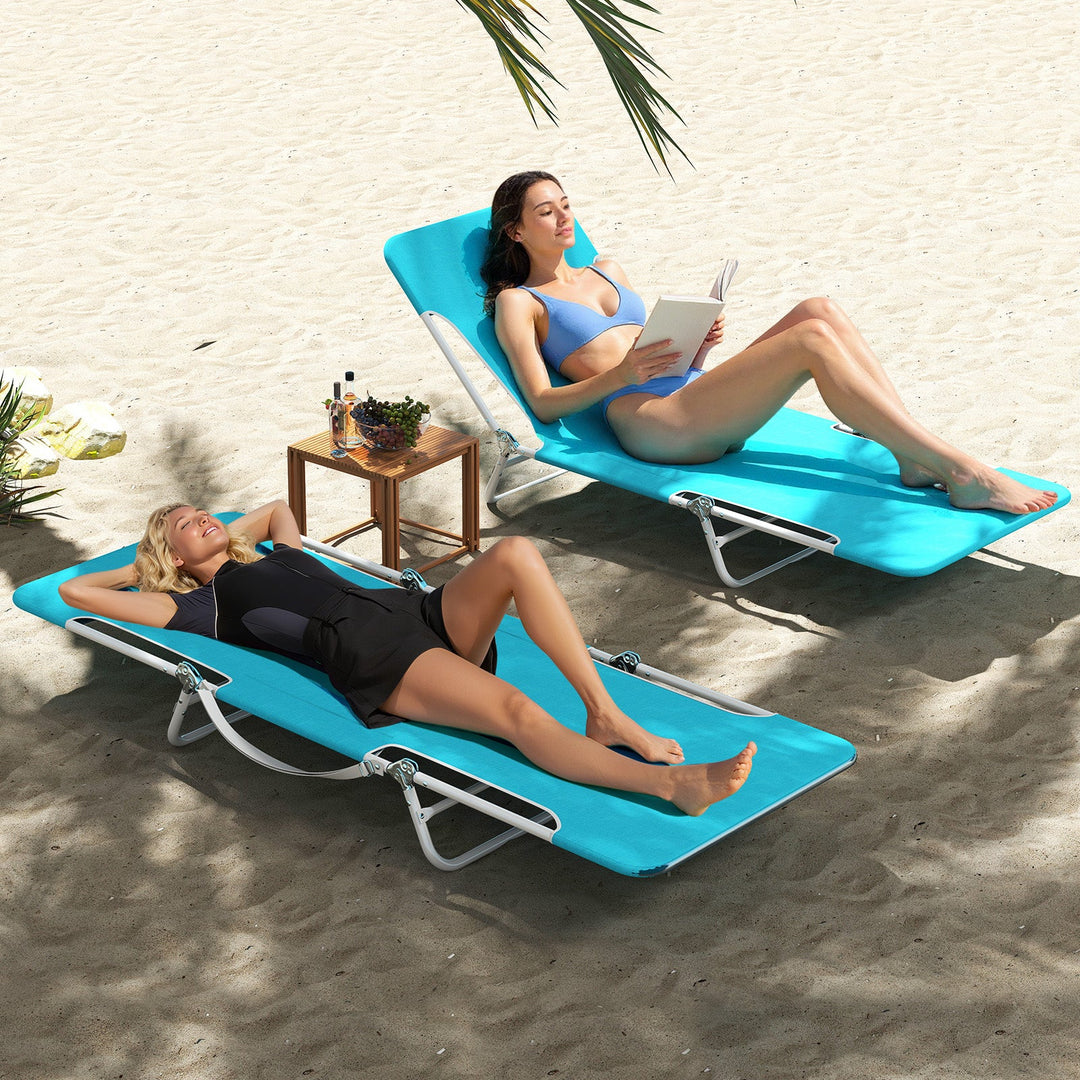 2 Pieces 5-position Lay Flat Beach Recliner with Carry Strap and Metal Frame